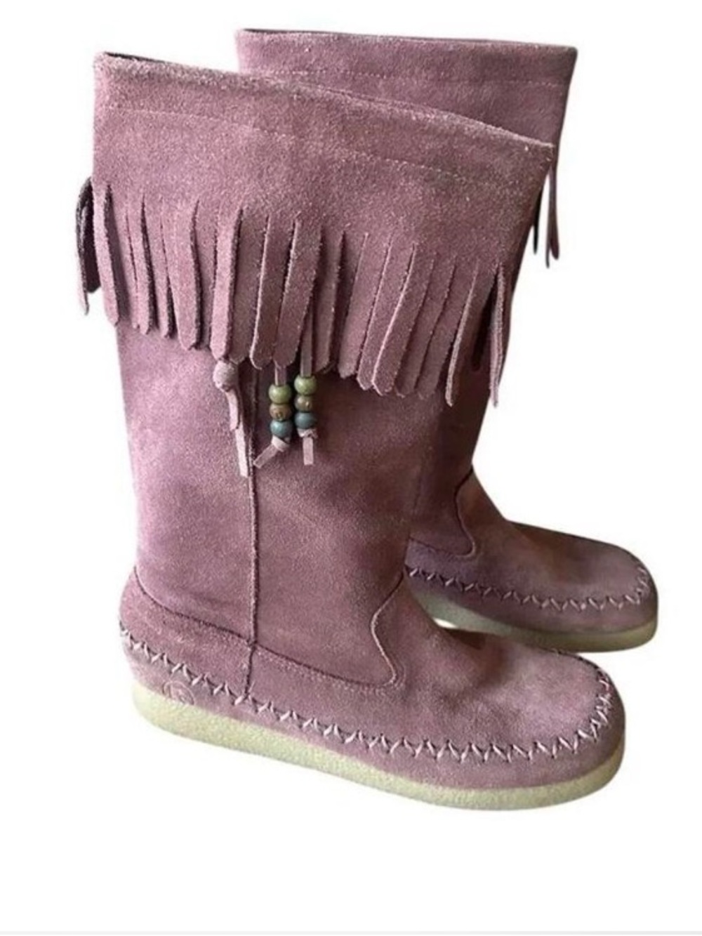 Report Women’s Suede Fringe Beaded Mid-Calf Boots in Mauve